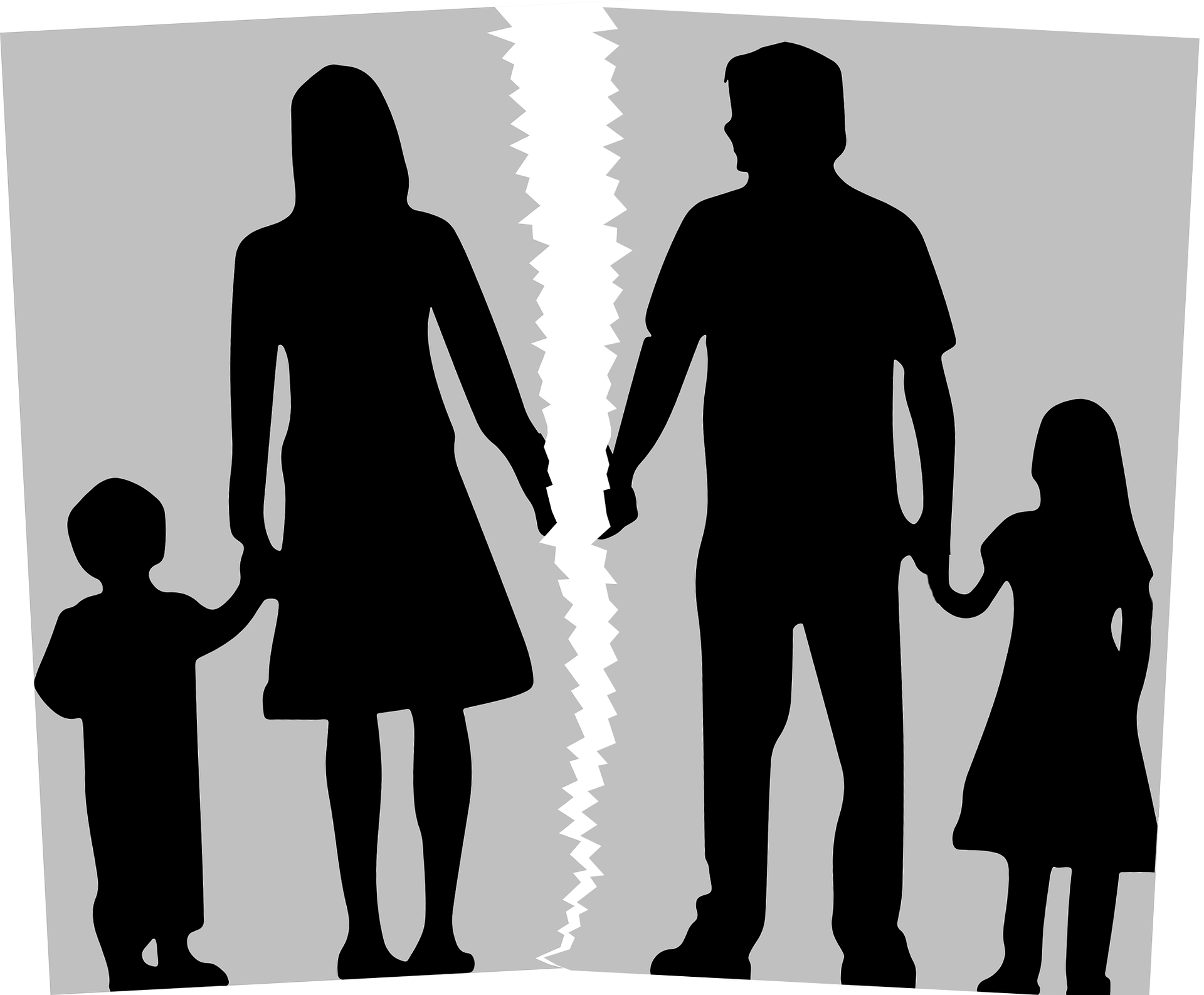 Silhouette of a family of four, with parents and two children standing apart, separated by a jagged line. The image symbolizes a separation or divorce. The background is grey.