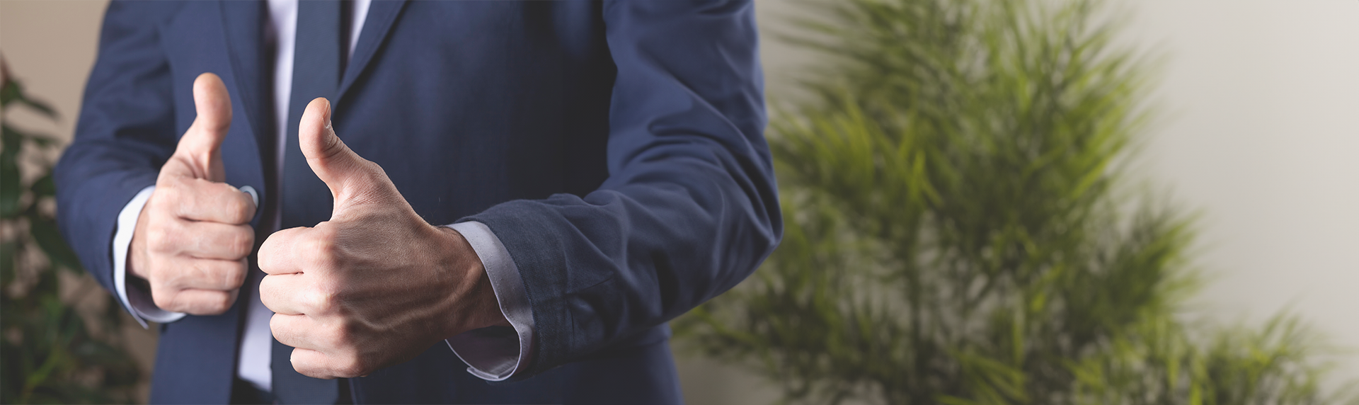 A criminal defense lawyer in a suit gives two thumbs up, standing near some green plants. The focus is on the hands and suit, with the background softly blurred.