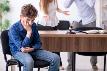 A boy sits in a chair looking upset, resting his head on his hand. In the background, two adults appear to be arguing near a table with a gavel and a book. The scene suggests a heated discussion or legal setting.