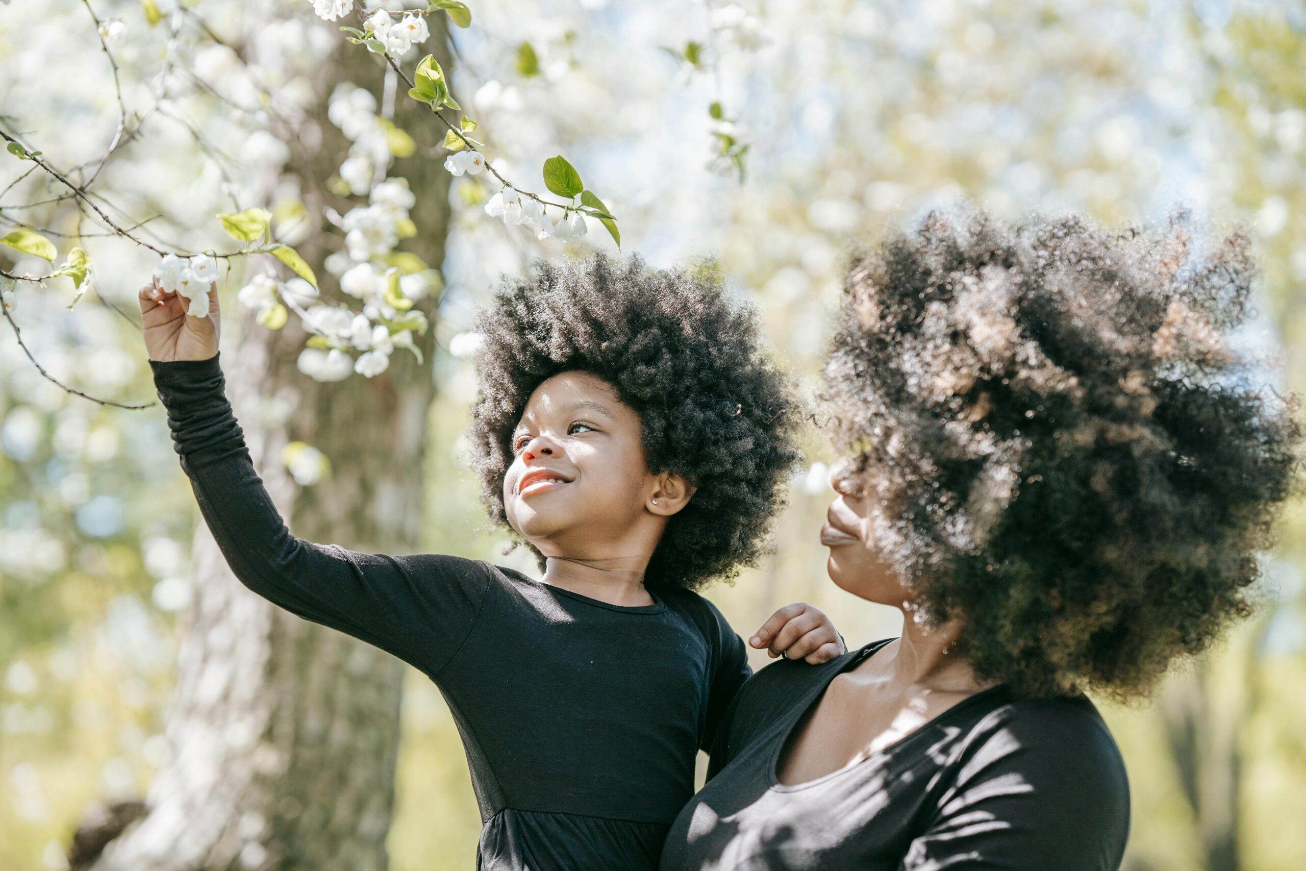 A smiling child in a black dress reaches for white blossoms on a tree while being held by an adult with curly hair—capturing a warm moment that could help prove primary caregiver custody—outdoors on a sunny day.